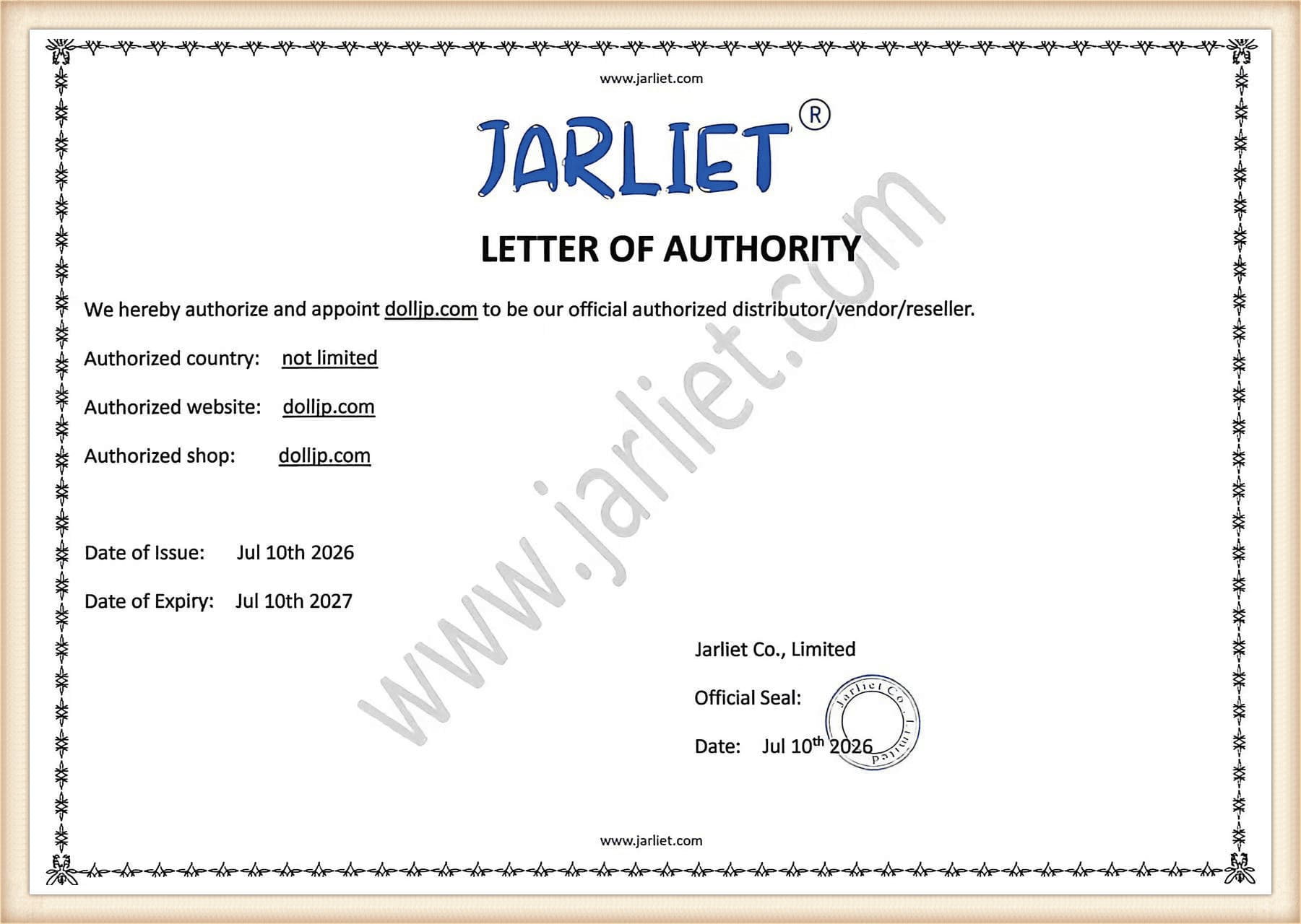 Jarliet Doll 正規販売認可証明書|DollJP