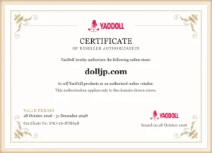YaoDoll authorization certificate for dolljp.com; valid 2026-10-28 to 2028-12-31